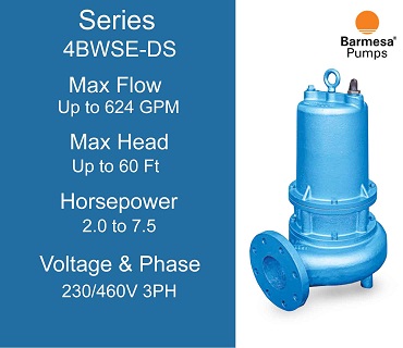  Barmesa Sewage Pumps, 4BWSE-DS Series, 2.0 to 7.5 Horsepower, 200/230 Volts 1 Phase, 200/230/460 Volts 3 Phase
